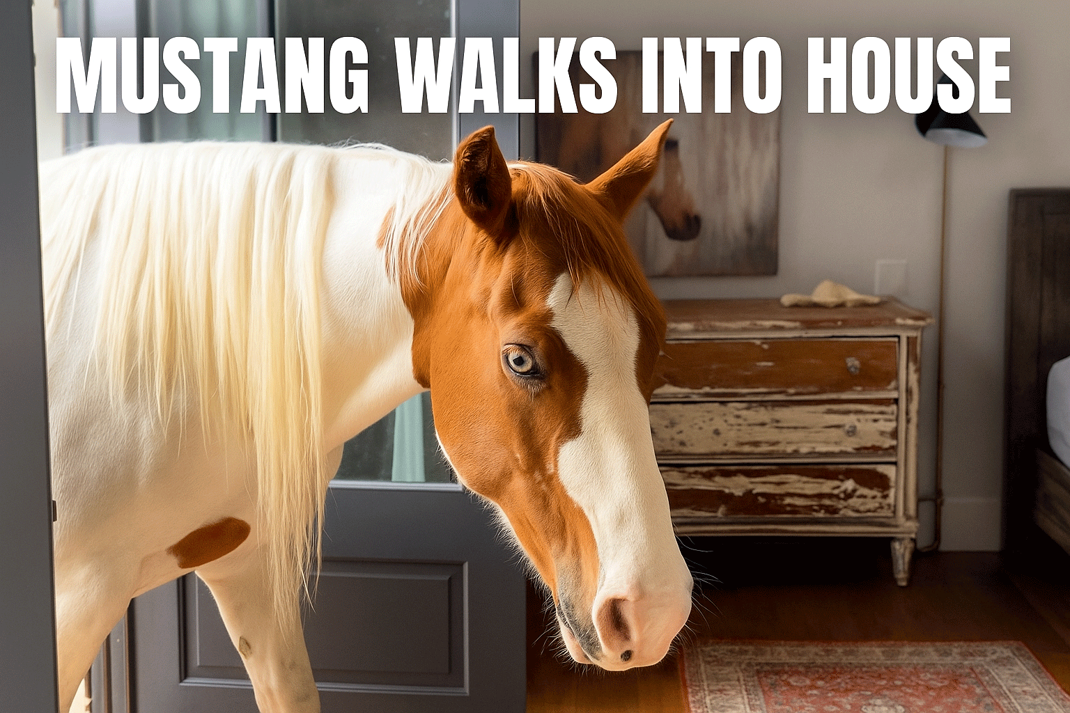 Mustang Charlie with blue eyes stands in doorway of rustic home – viral moment from Pony Macaroni video